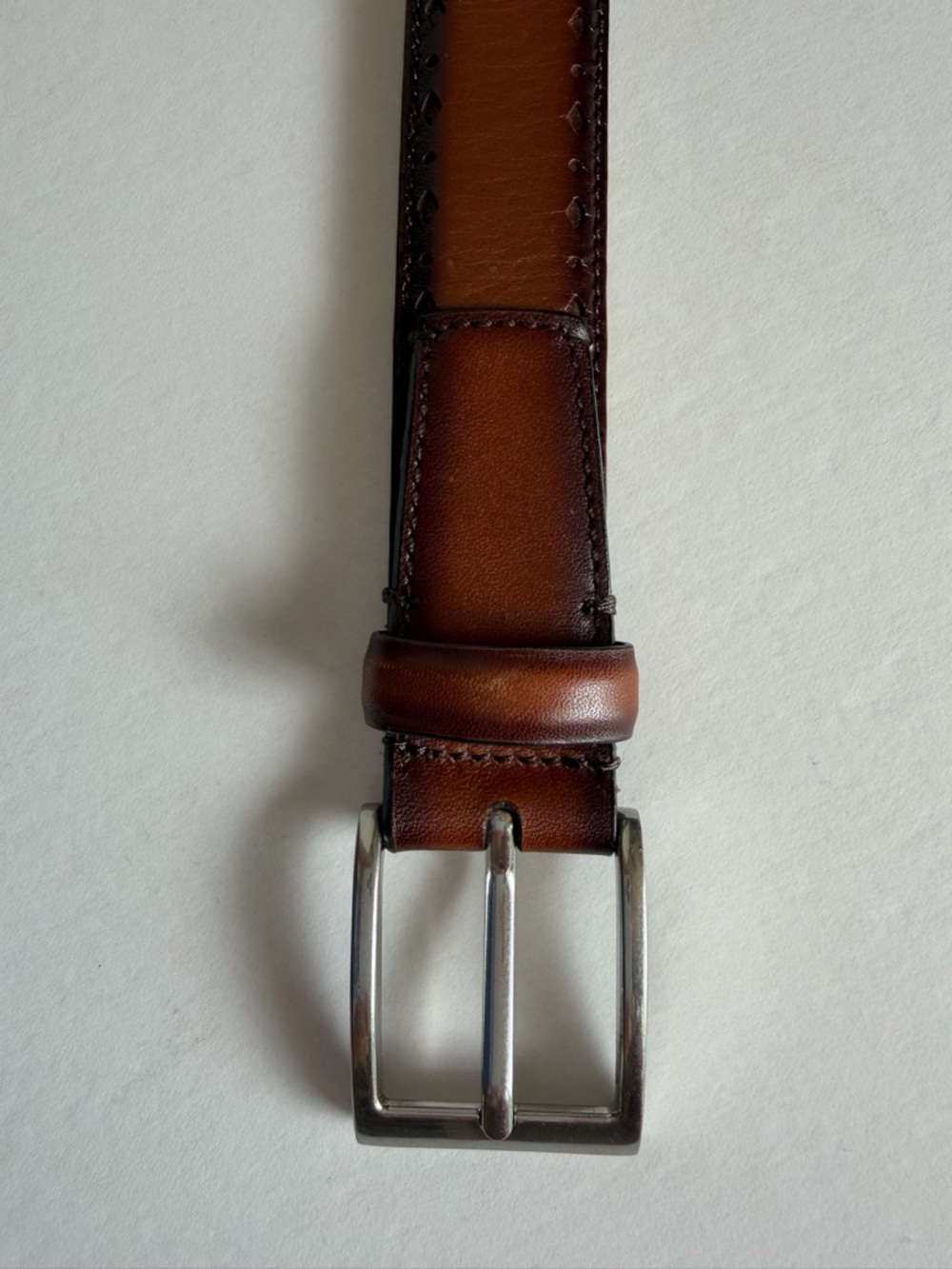 Cole Haan Mens Brown Leather Belt Burnished Stitched Detail - Size 34 - Picture 3 of 7